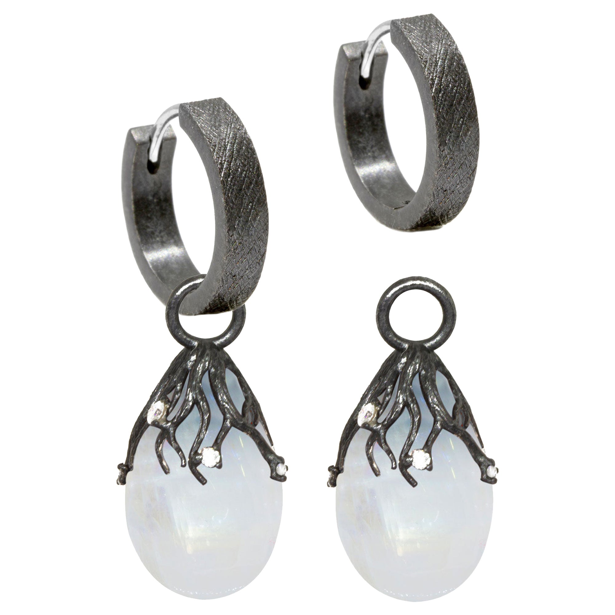 Rooted Moonstone Silver Earring Charms For Sale