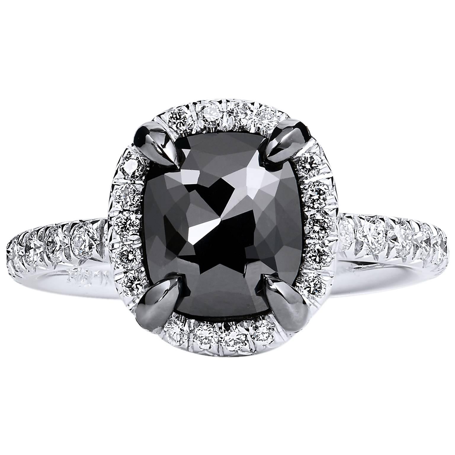 1.94 Carat Cushion Cut Black Diamond Halo Ring in 19 Karat White Gold 6.25 For Sale