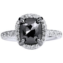 1.94 Carat Cushion Cut Black Diamond Halo Ring in 19 Karat White Gold 6.25