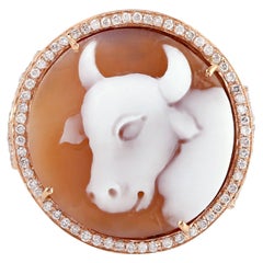 Carved Cameo Shell Ring with Pave Diamond on the Edge Made in 18k Gold