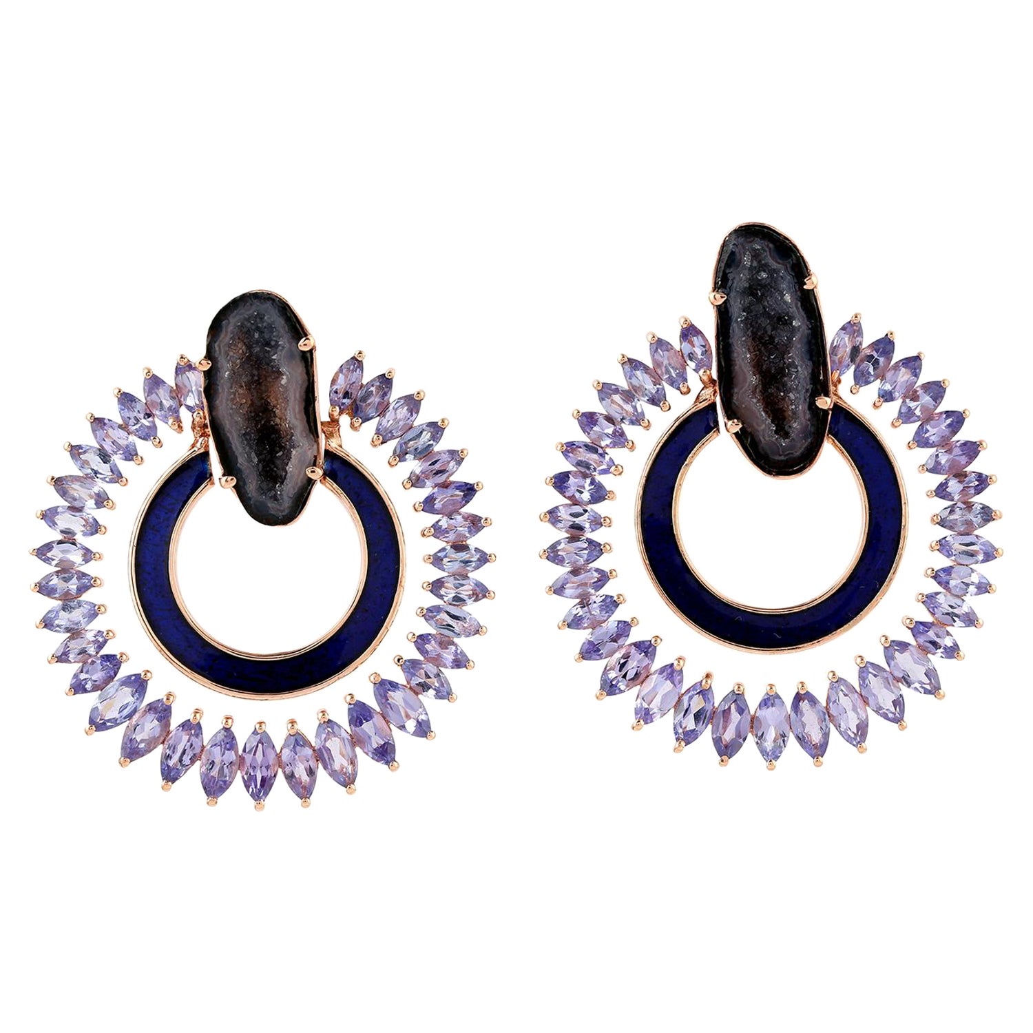 Center Stone Geode Earring with Tanzanite & Enamel Made in 18k Rose Gold For Sale