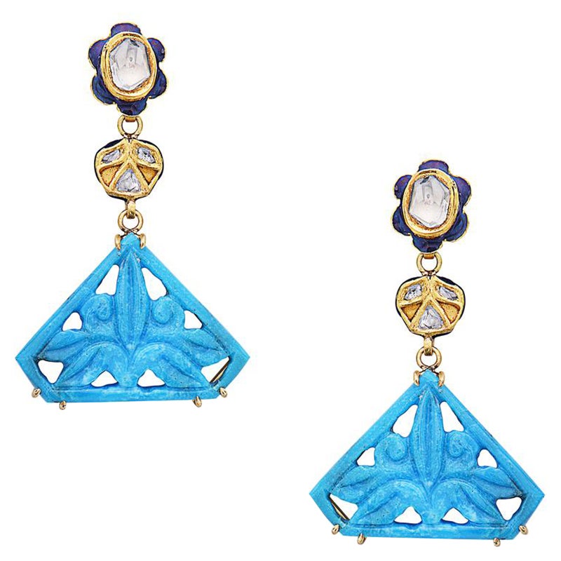 Carved Turquoise Dangle Earrings with Diamonds Made in 18k Yellow Gold