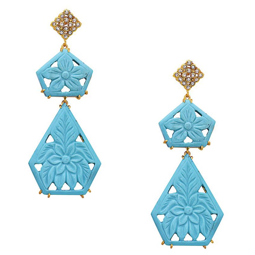 Two Tier Carved Turquoise Earrings with Diamonds Made in 18k Yellow Gold For Sale