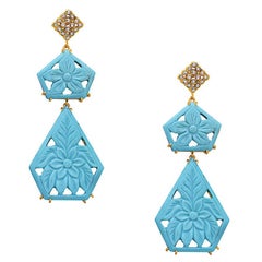 Two Tier Carved Turquoise Earrings with Diamonds Made in 18k Yellow Gold