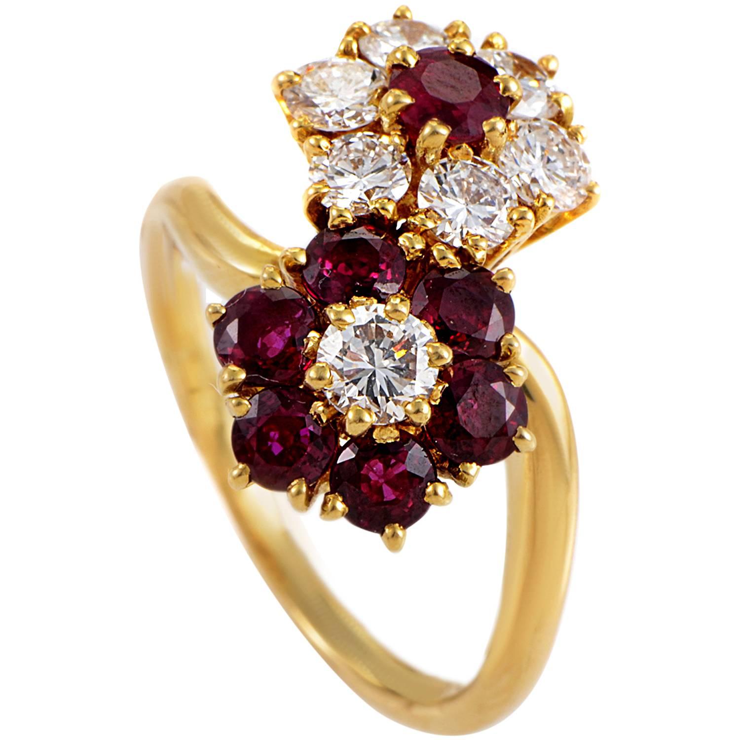 Van Cleef & Arpels Ruby Diamond Gold Flower Ring