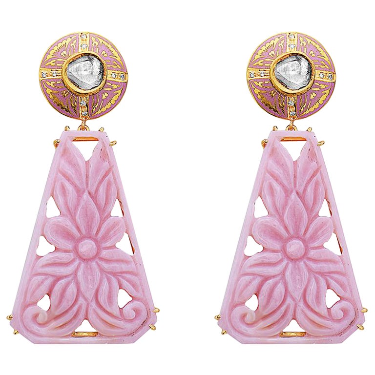 Carved Pink Opal Earrings with Diamonds Made in 18k Yellow Gold For Sale