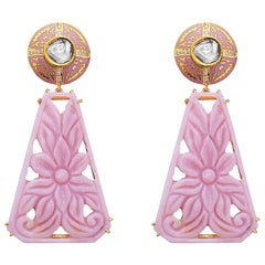 Carved Pink Opal Earrings with Diamonds Made in 18k Yellow Gold