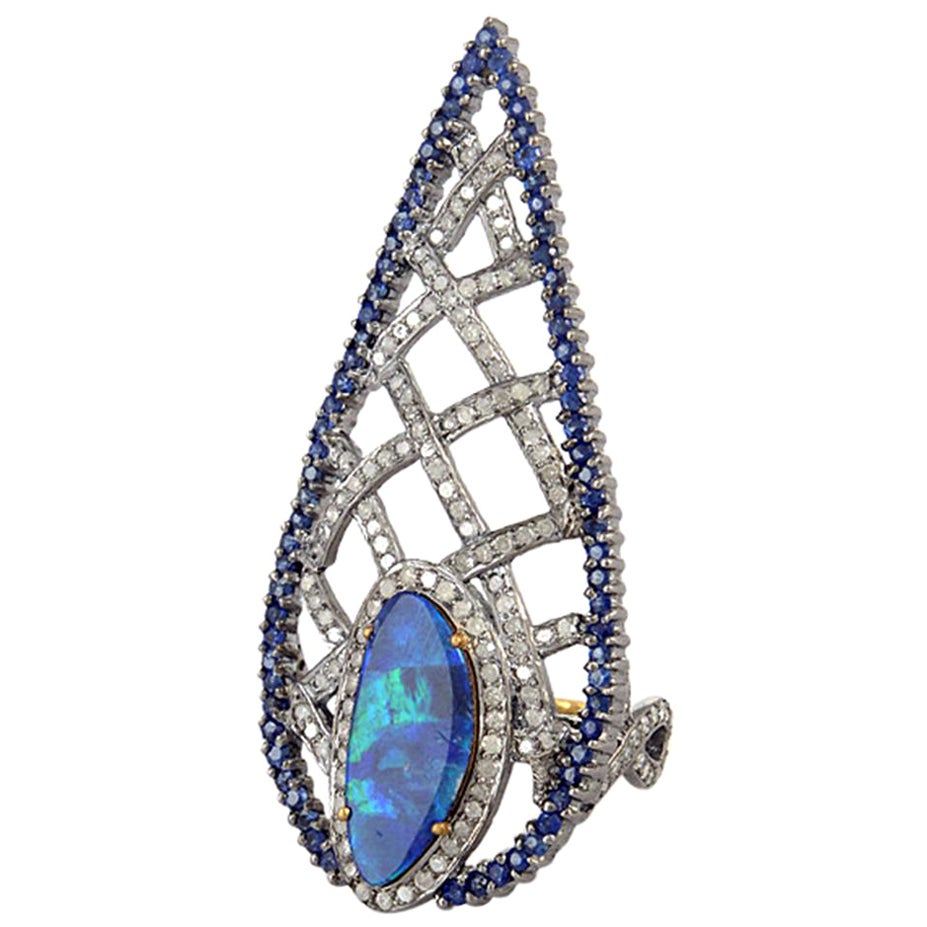 Ornamental Design Long Ring With Sapphire, Opal & Pave Diamonds For Sale