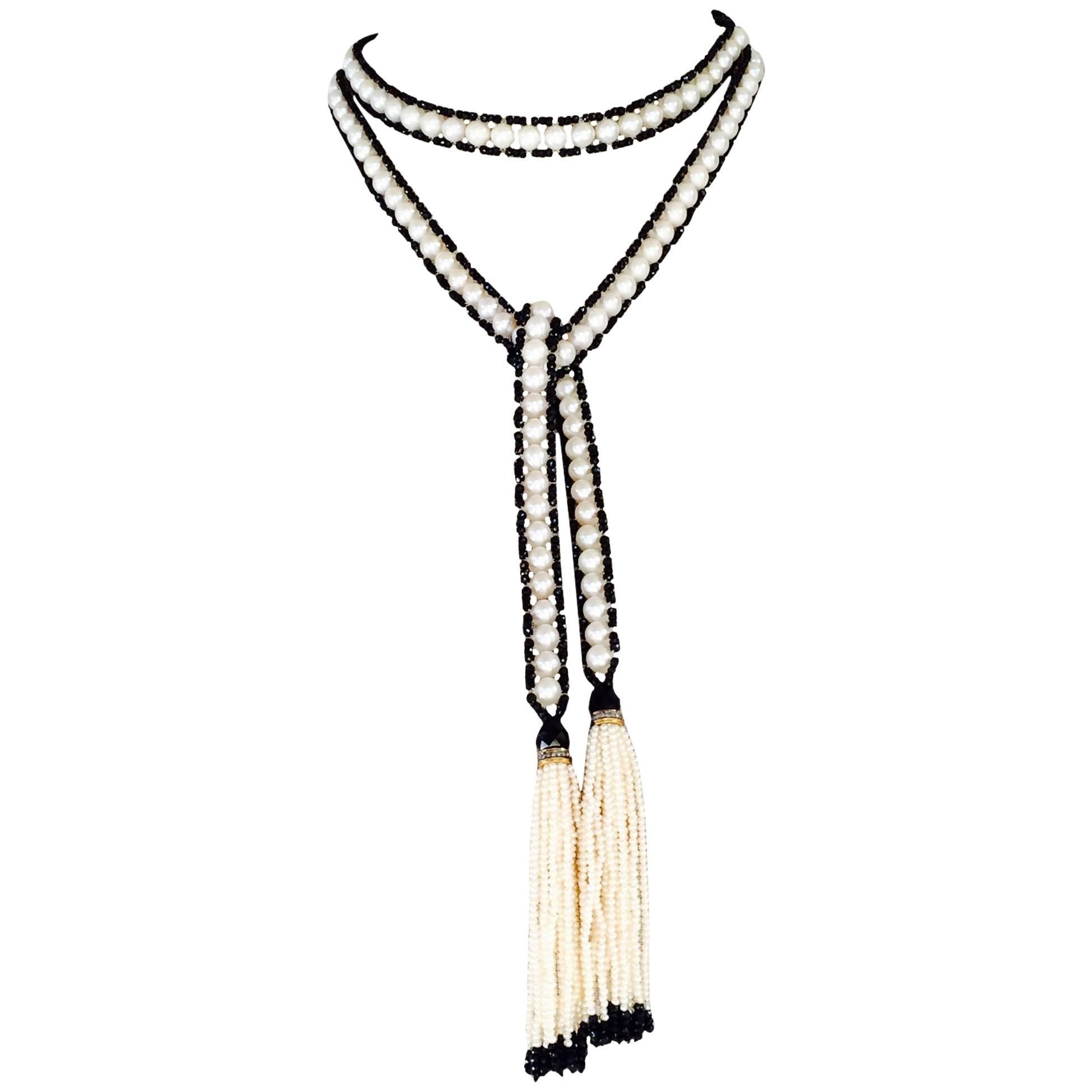 Woven White Pearl, Faceted Black Spinel, and Onyx Beaded Sautoir by Marina J 