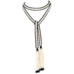 Woven White Pearl, Faceted Black Spinel, and Onyx Beaded Sautoir by Marina J 