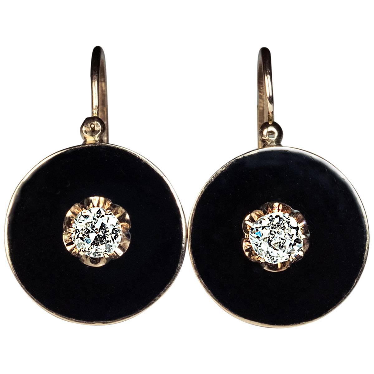 Antique Black Enamel Diamond Gold Earrings