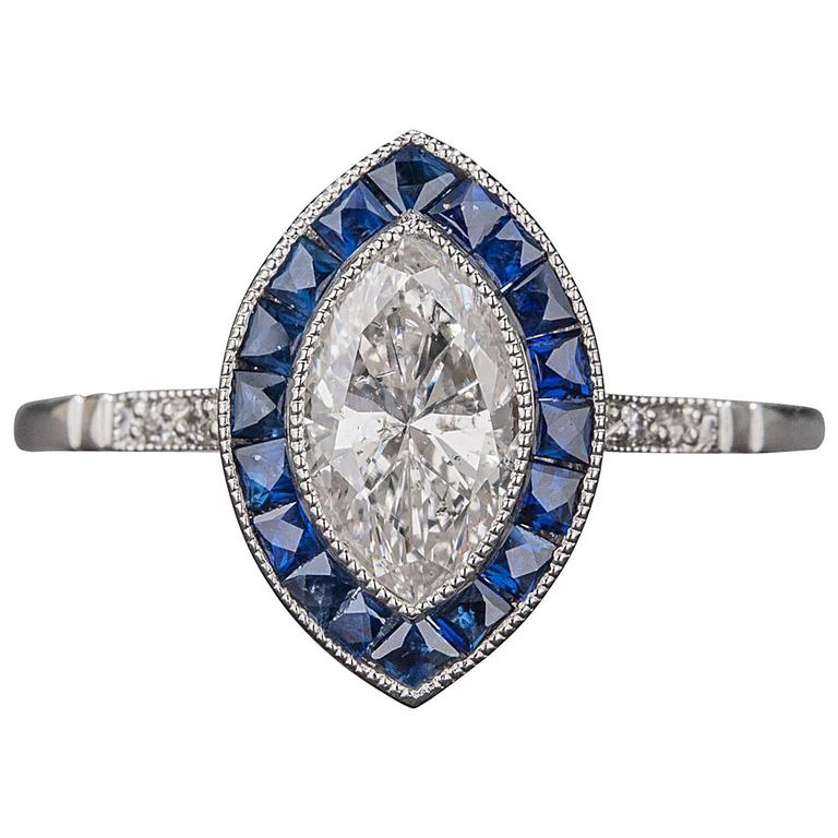 .85 Carat Marquise Diamond Sapphire Platinum Ring For Sale at 1stDibs