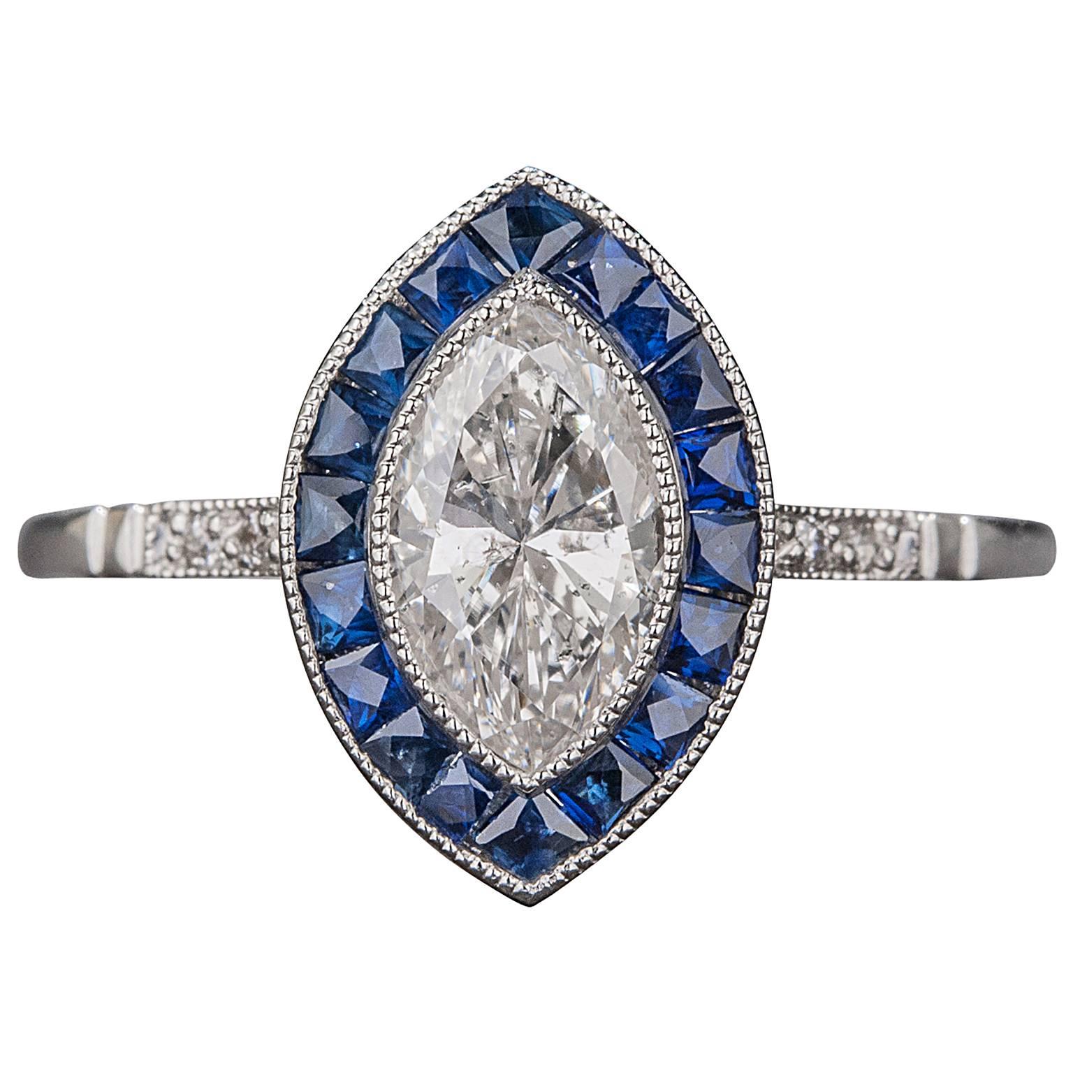 .85 Carat Marquise Diamond Sapphire Platinum Ring For Sale