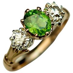 Three-Stone Russian Demantoid and Diamond Ring