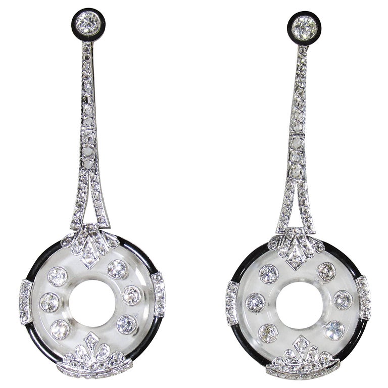 frosted rock crystal black enamel diamond Platinum earrings For Sale at ...