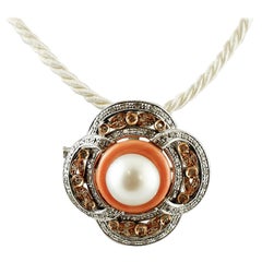 Pearl, Diamonds, Orange Stone Ring, White and Rose Gold Retrò Brooch/Pendant
