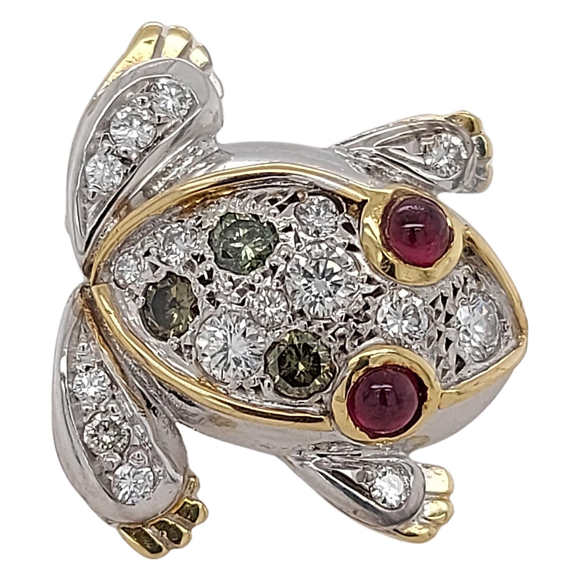 18kt Yellow & White Gold Frog Brooch Set with Diamonds & Rubies
