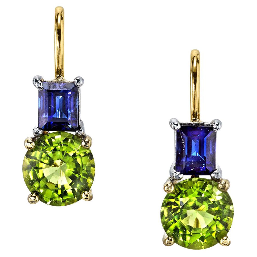 Pendientes de Gota de Zafiro y Peridoto en Oro Amarillo y Blanco en venta
