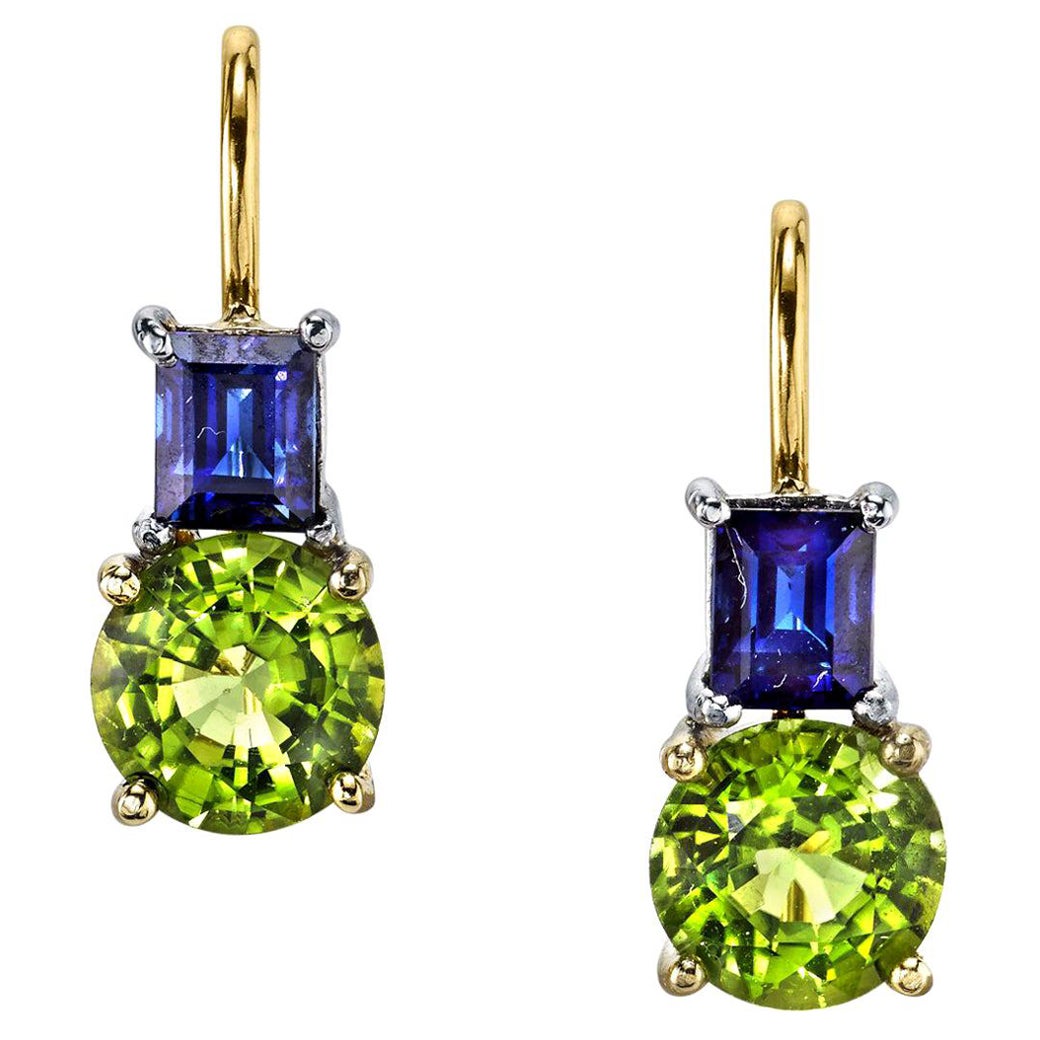 Sapphire and Peridot Drop Earrings in Yellow and White Gold For Sale