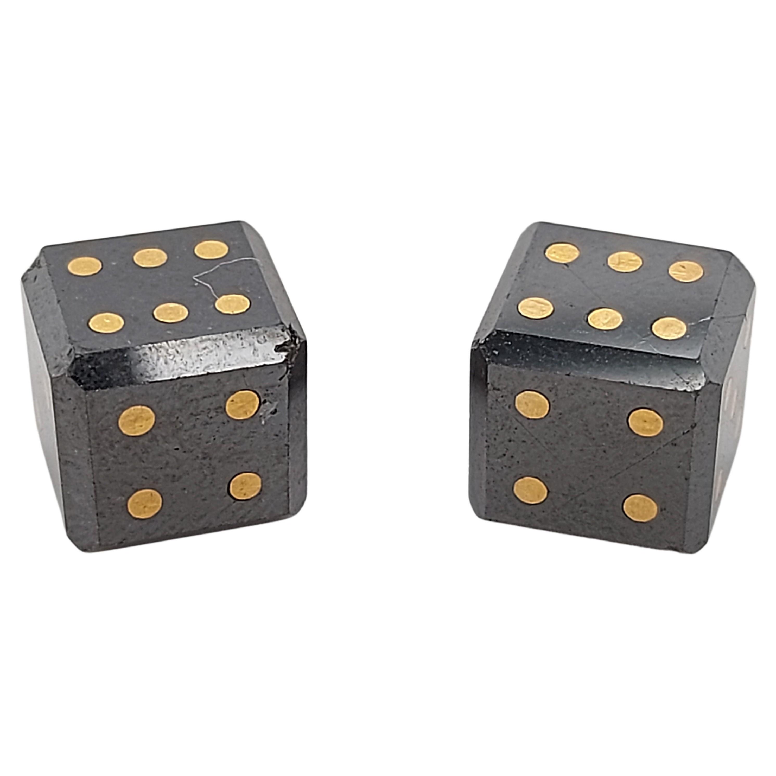 Pair of Natural 15, 4 Carat Black Diamond Cubes/Dice with Gold Inlay