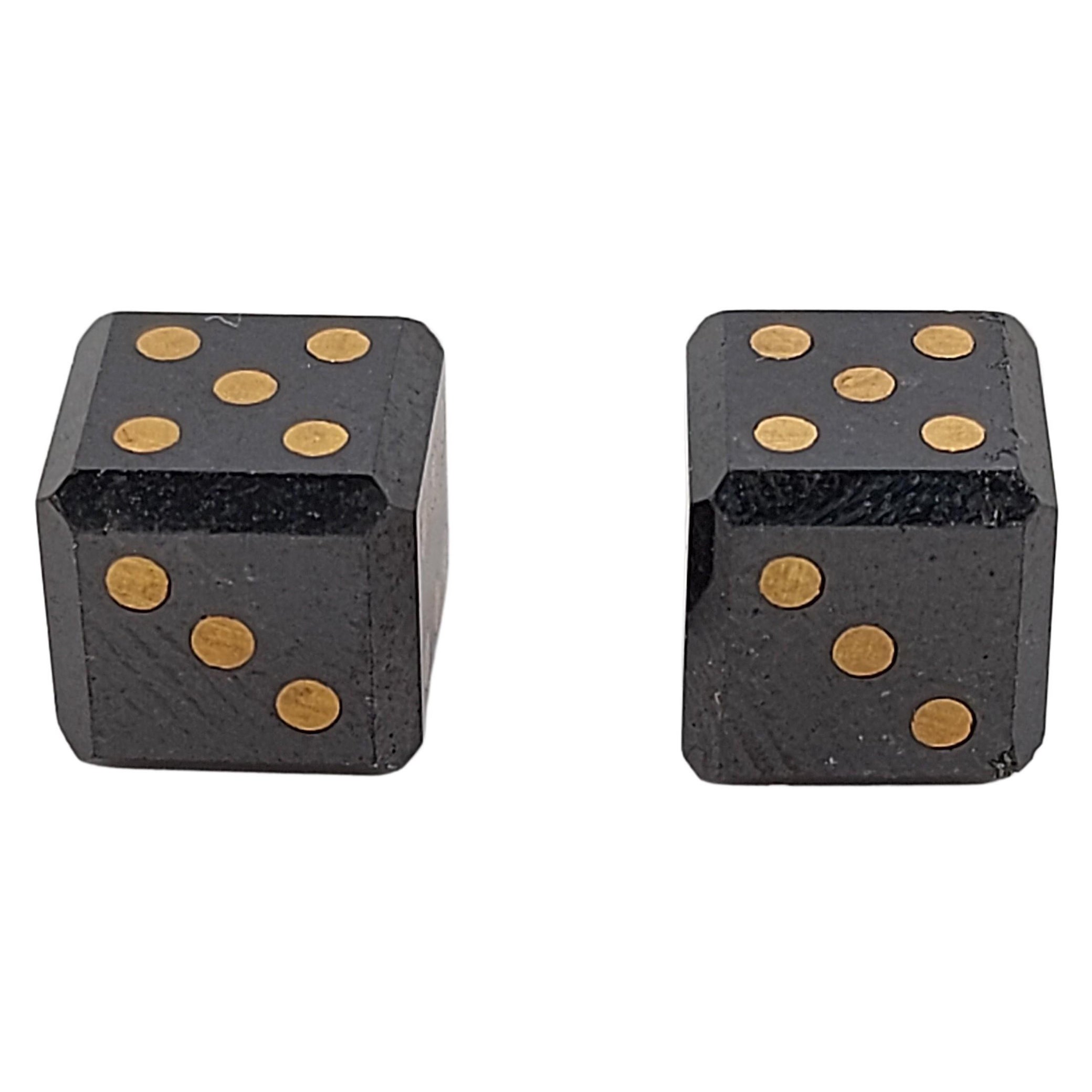 Pair of Natural Black Diamond 12, 7 Ct. Cubes/Dices with Gold Inlay For Sale