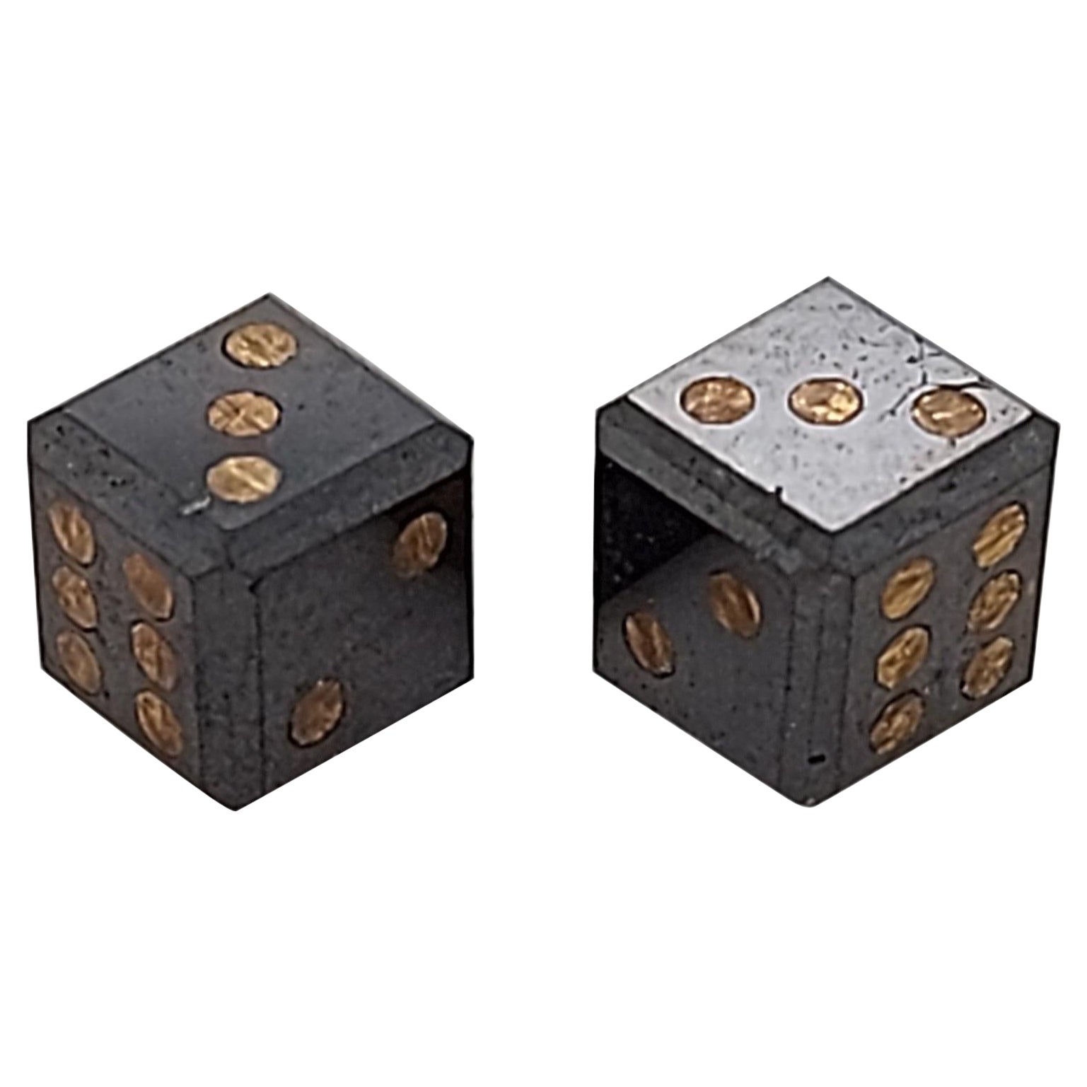 Pair of Natural 2, 17 Carat Black Diamond Cubes / Dice with Gold Inlay