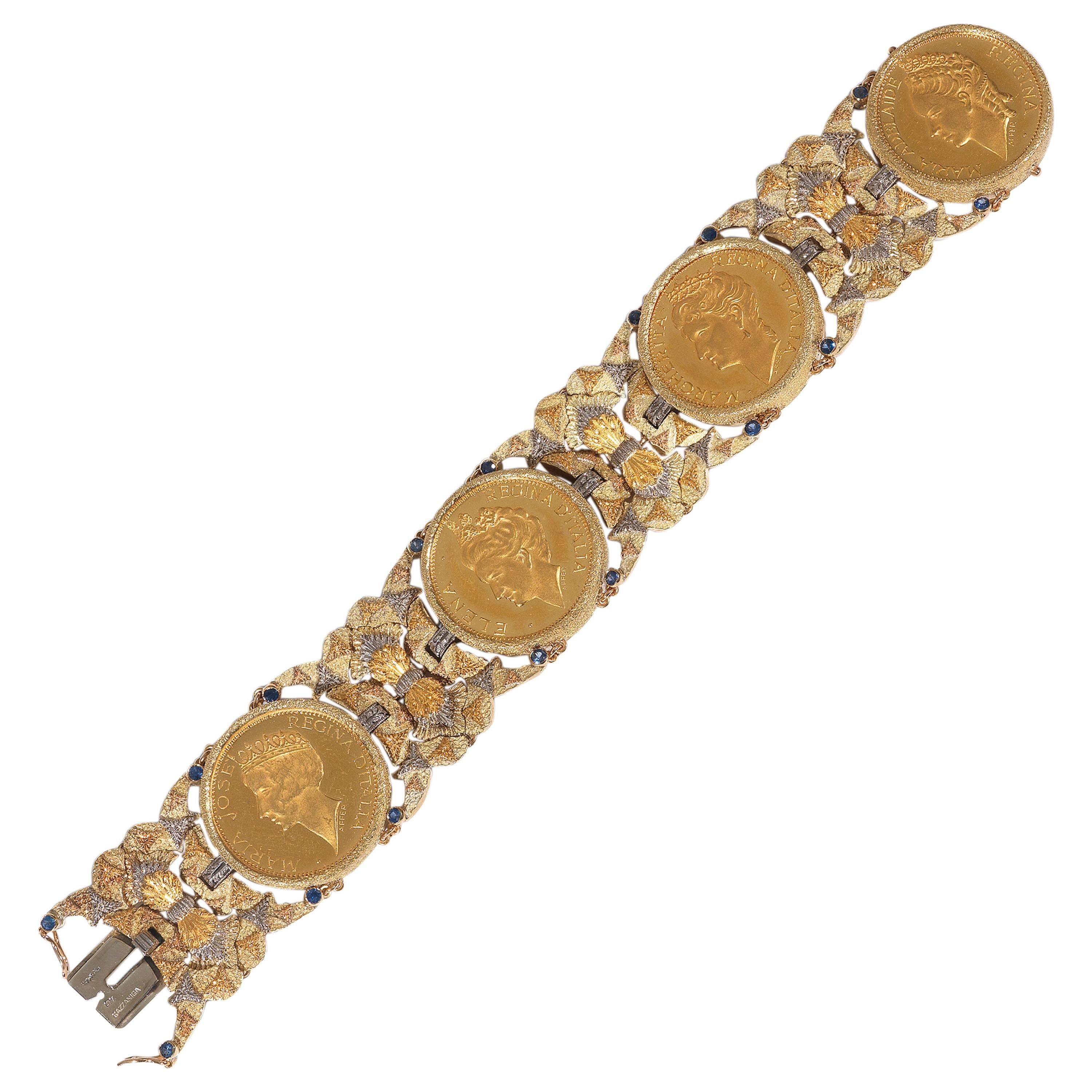 Cazzaniga Sapphire Tricolor Gold Coin Bracelet