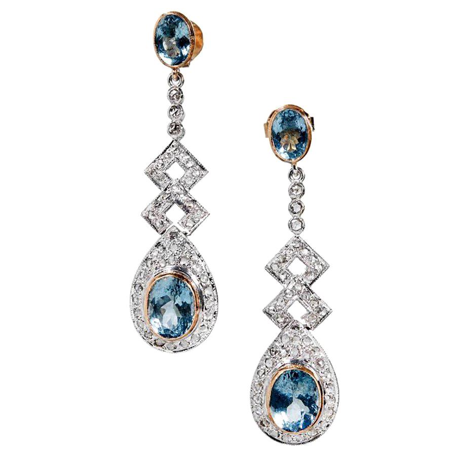6.19 Carat Aquamarine Diamond Silver Gold Dangle Drop Earrings