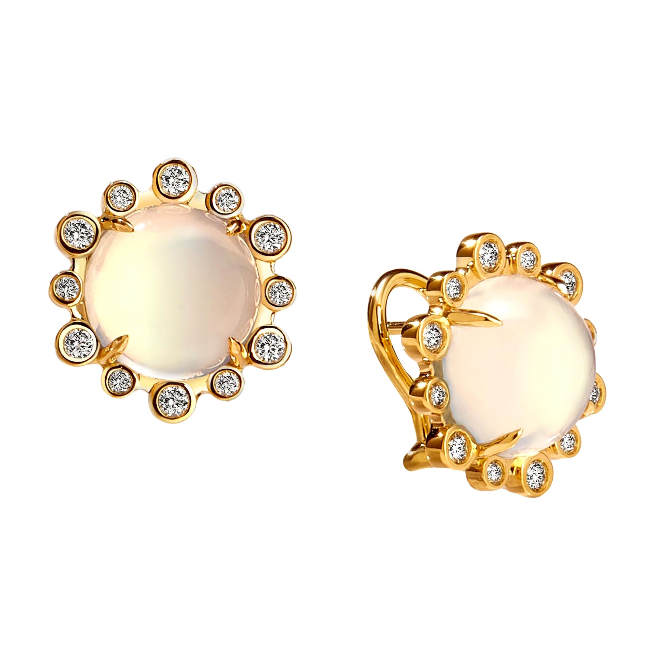Syna Yellow Gold Hex Earrings with Moon Quartz and Diamonds For Sale