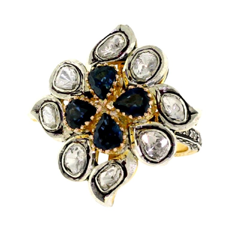 Victorian Style Ring With Pear Shape Blue Sapphires & Pave Diamond Grill