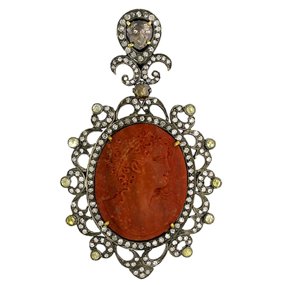 Carved Lava Cameo Pendant with Ice Diamond & Pave Diamonds For Sale