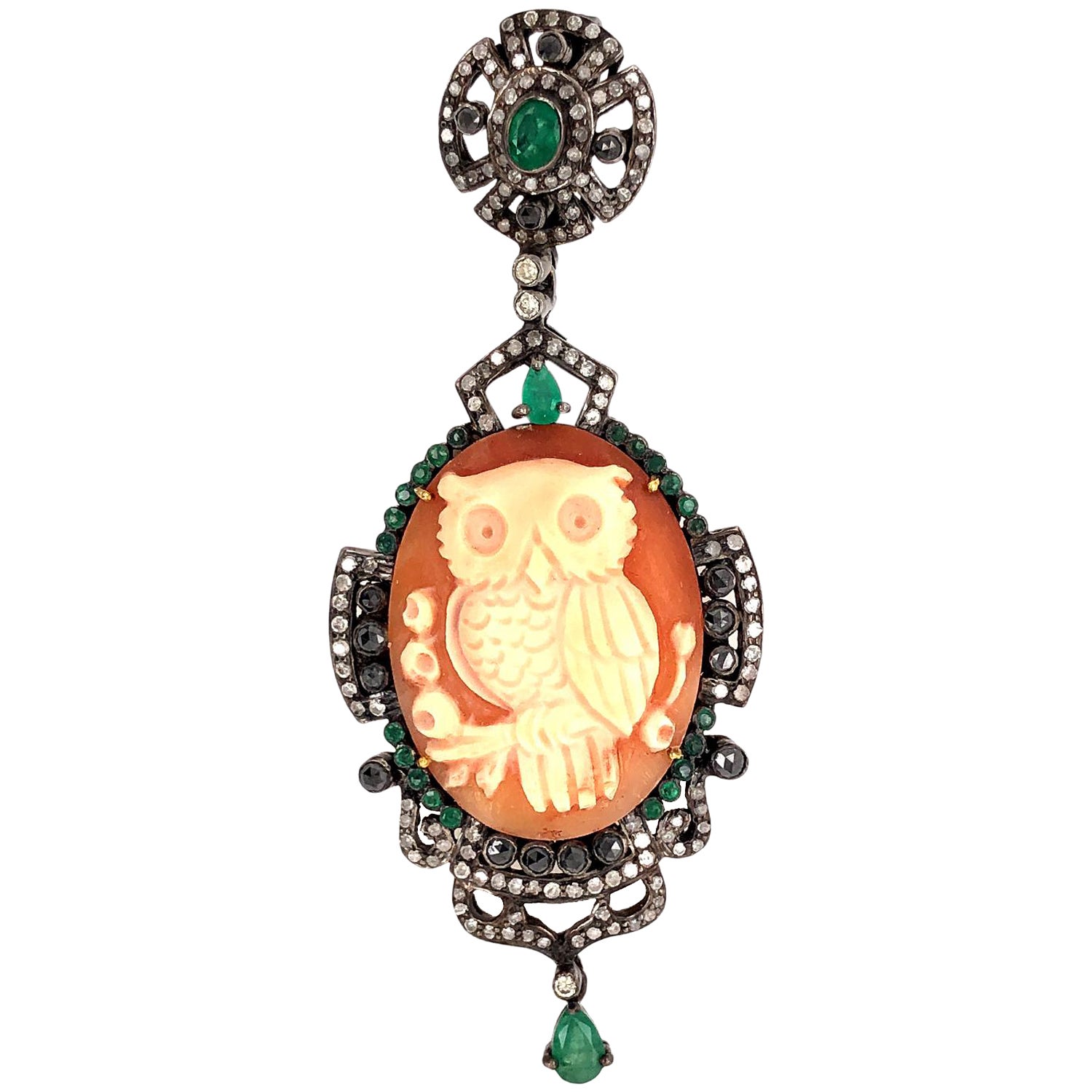 Carved Owl Cameo Shell Pendant with Emerald & Pave Diamonds For Sale