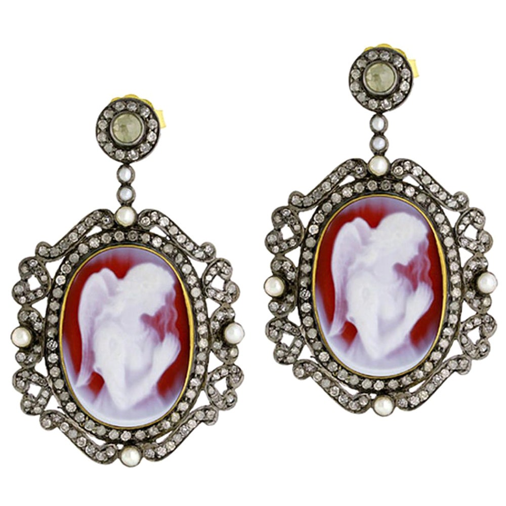 Angel Figure Carved on Shell Cameo Earrings with Pearl & Diamond in 18k Gold For Sale