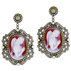 Angel Figure Carved on Shell Cameo Earrings with Pearl & Diamond in 18k Gold