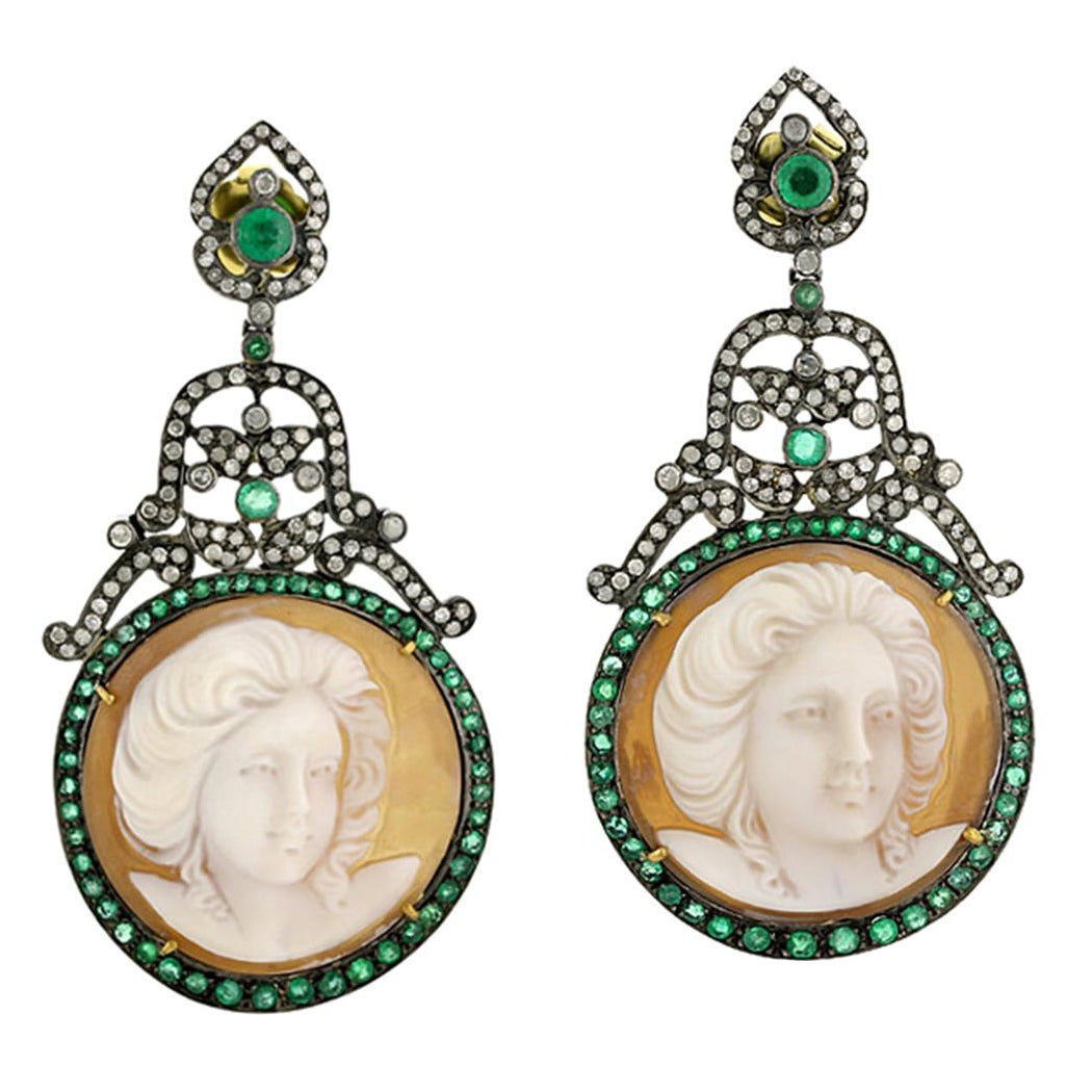 Carved Face Cameo Earring with Emerald & Diamond Made in 18k Gold & Silver For Sale