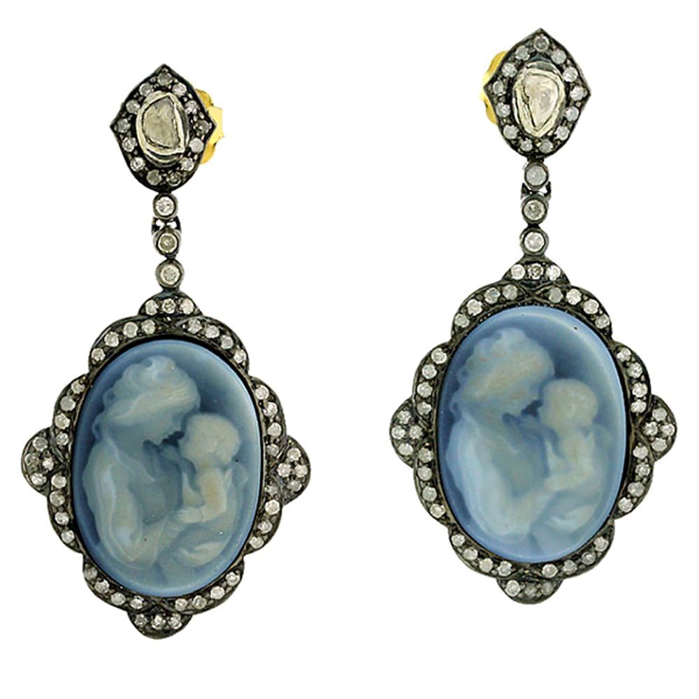 Carved Mother & Daughter Art Cameo Earring with Diamonds in 18k Gold & Silver For Sale