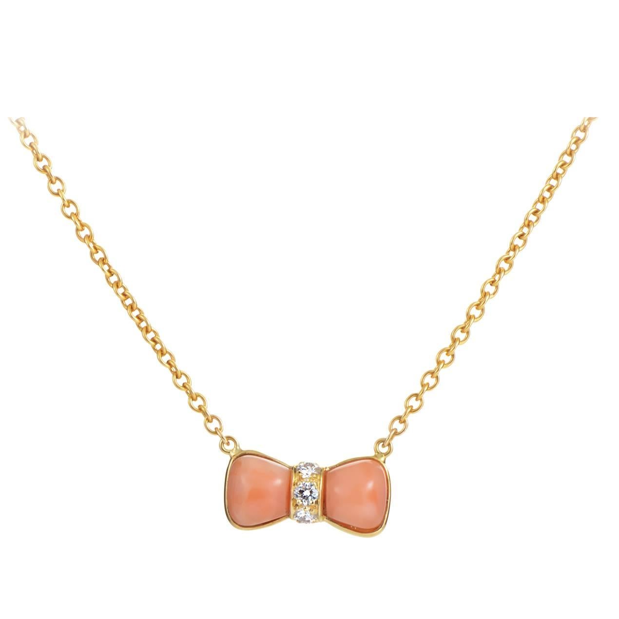 Van Cleef & Arpels Coral Diamond Gold Bow Necklace
