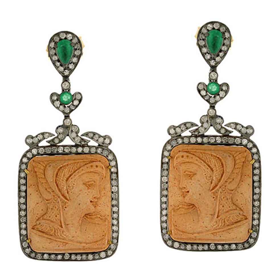 Cushion Shaped Carved Lava Quartz Earrings with Emeralds & Diamonds In 18k Gold For Sale