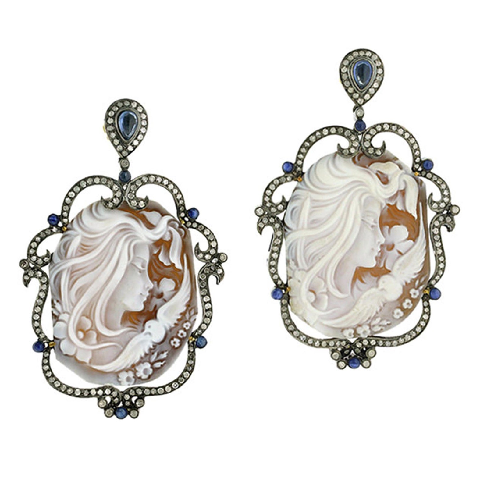 Carved Cameo Earrings With Blue Sapphire & Diamonds Made In 18k Gold & Silver