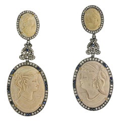 Oval Shaped Carved Lava Quartz Earring with Blue Sapphire & Diamonds in 18k Gold