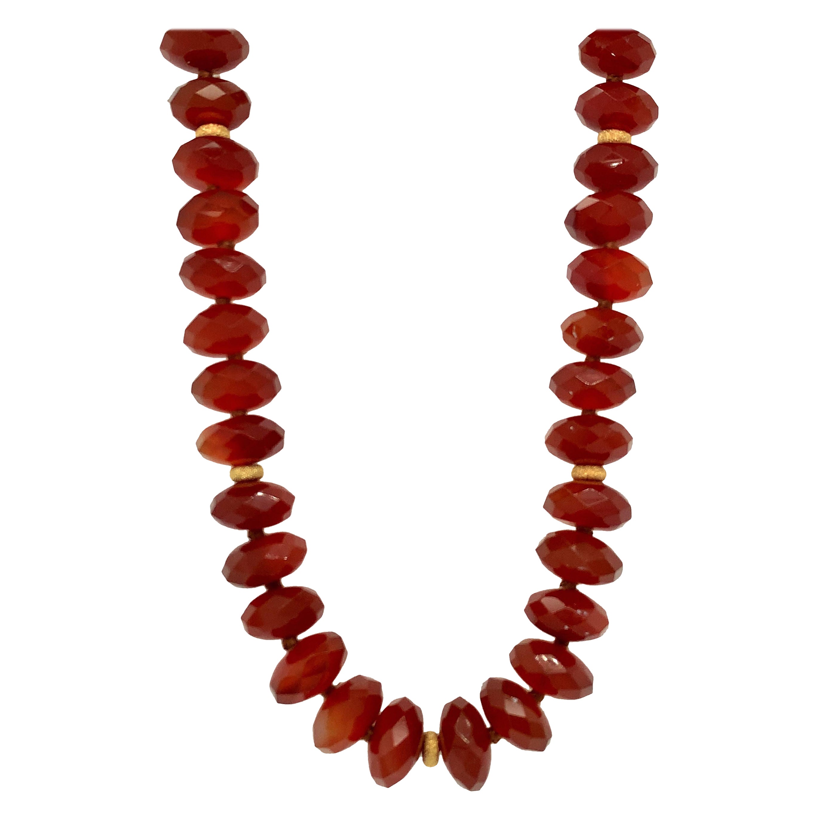 Carnelian Chalcedony Quartz, Faceted Bead, Yellow Gold Necklace