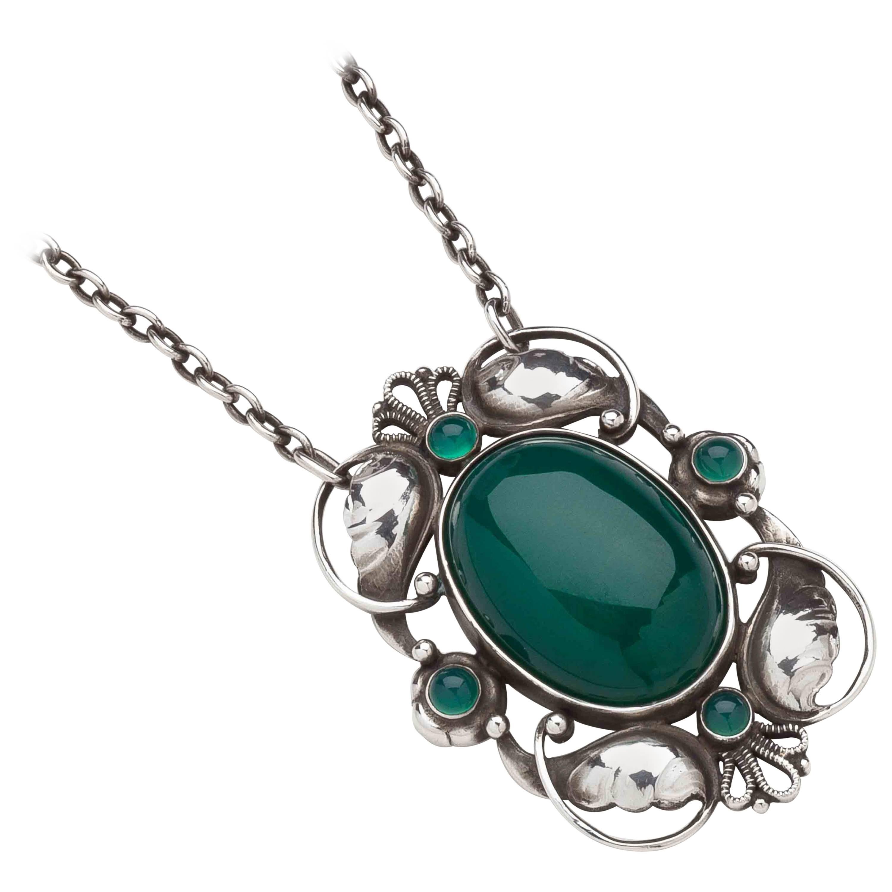 Georg Jensen Green Agate Silver Pendant Necklace No. 171  For Sale