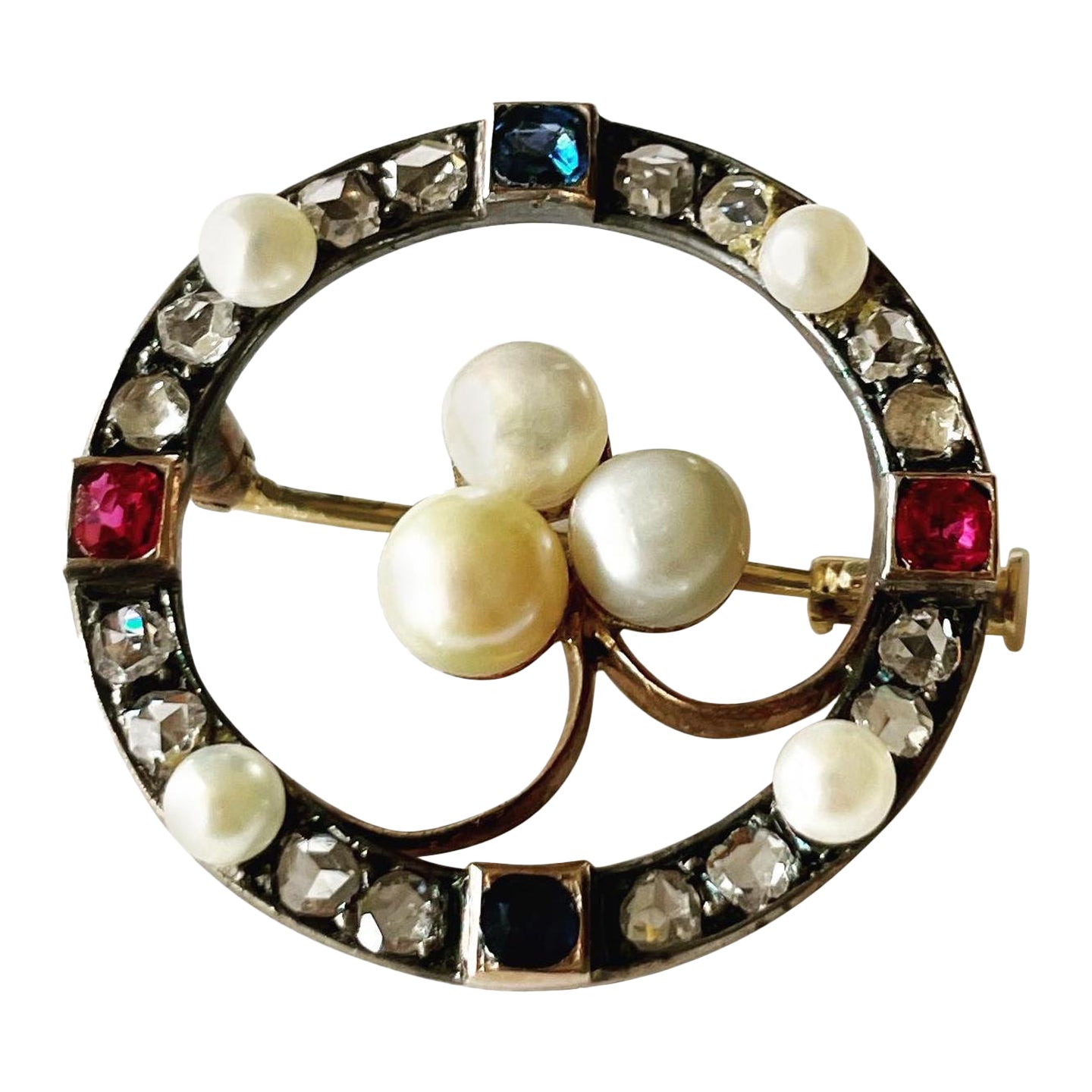 Victorian Diamond Ruby Sapphire and Pearls 18k Yellow Gold Brooch