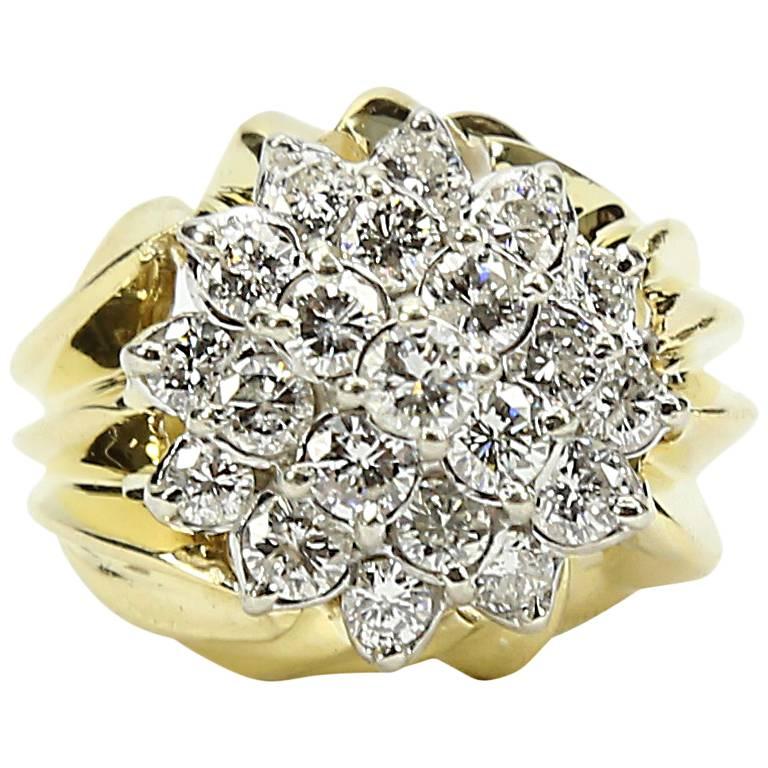 Mi Century Modern Diamond Two Color Gold Cluster Dome Ring Estate Fine Jewelry For Sale