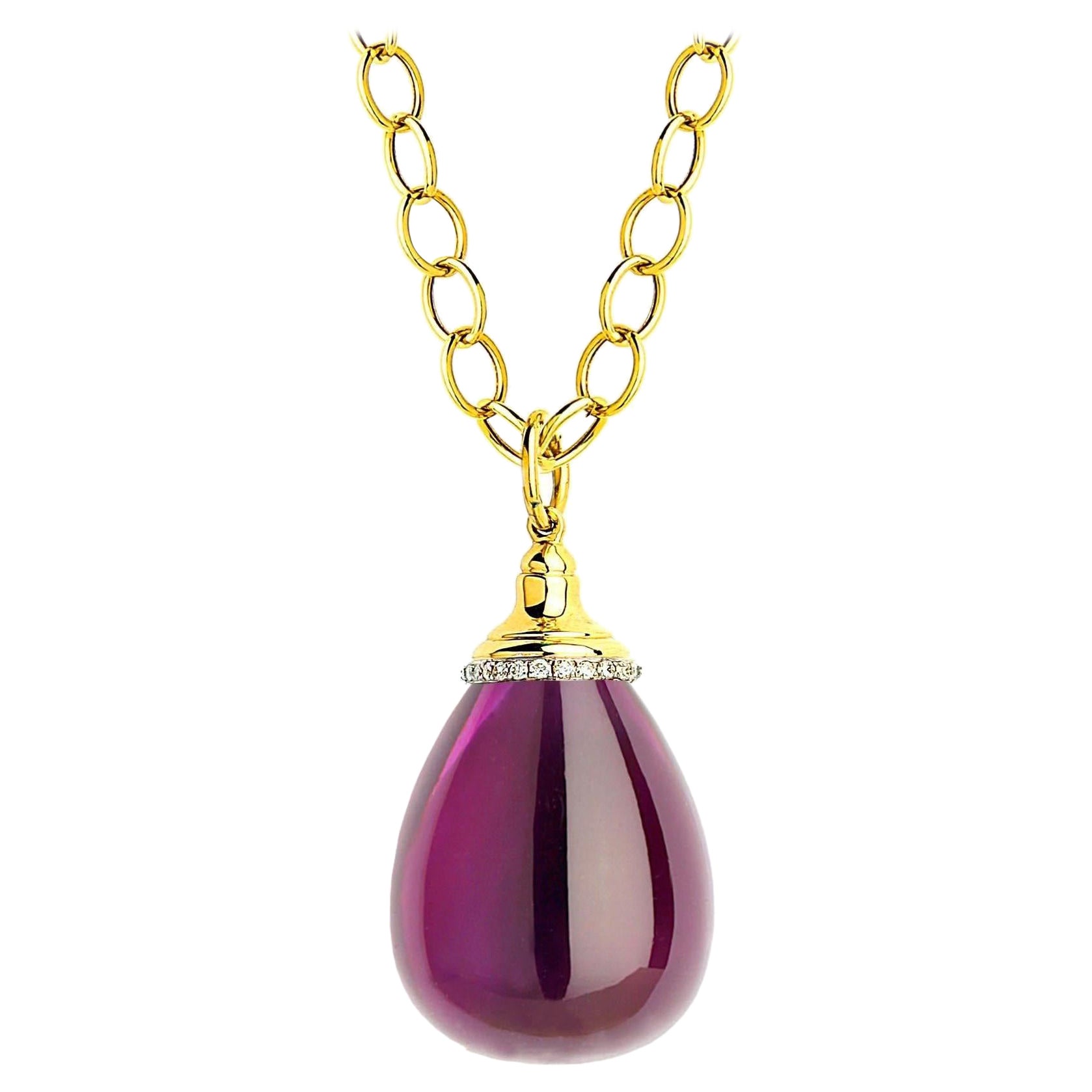 Syna Yellow Gold Amethyst Drop Pendant with Diamonds For Sale
