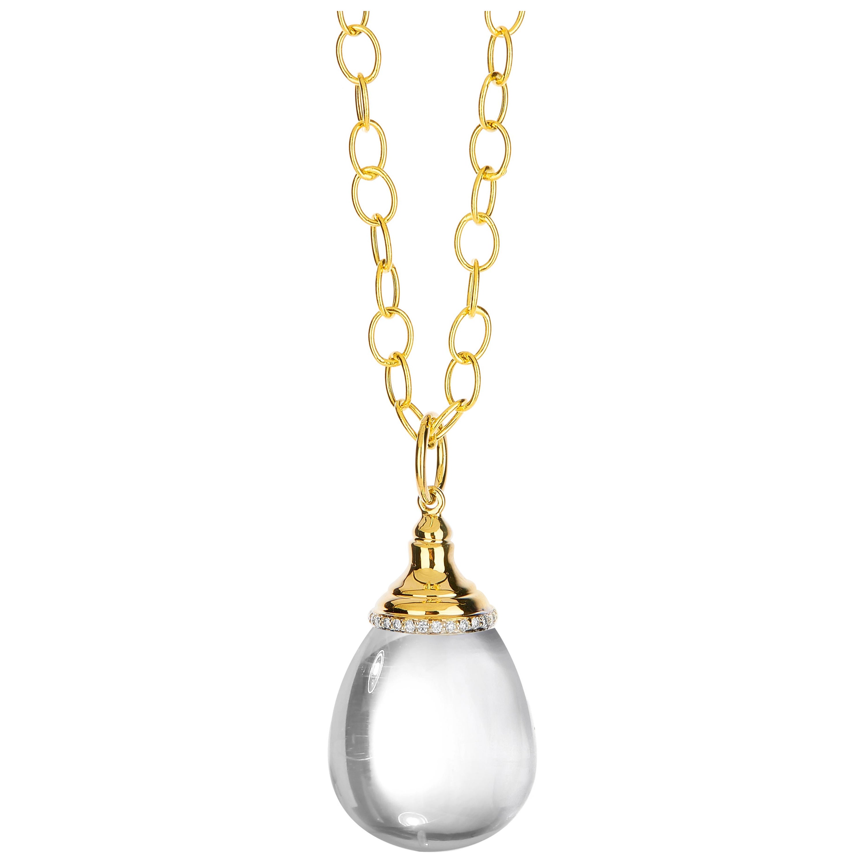 Syna Yellow Gold Rock Crystal Drop Pendant with Diamonds For Sale