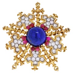 Tiffany & Co. 18k Yellow Gold Snowflake with Lapis, Rubies and Diamonds Brooch