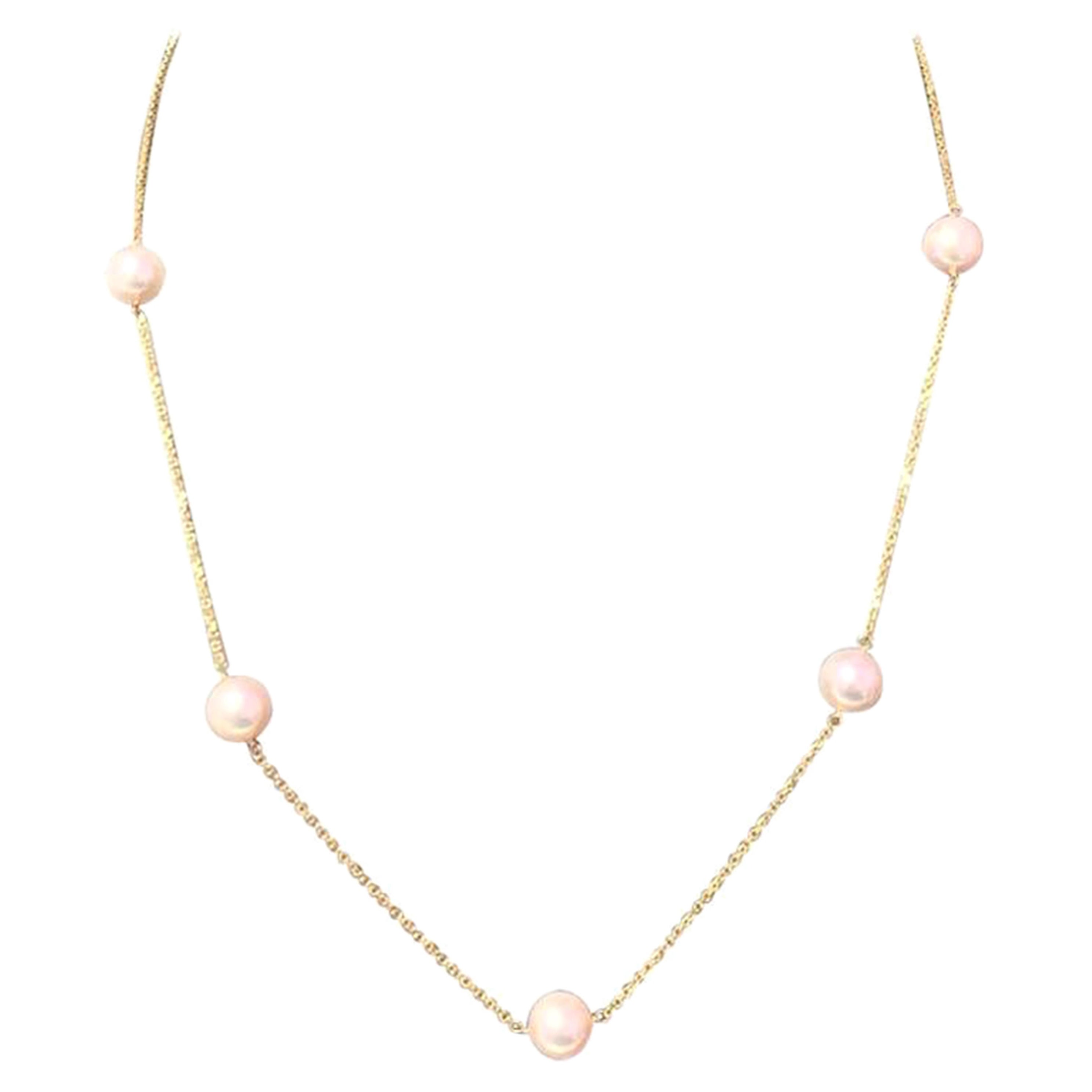 Akoya Pearl Tincup Necklace 14k Yellow Gold Certified For Sale