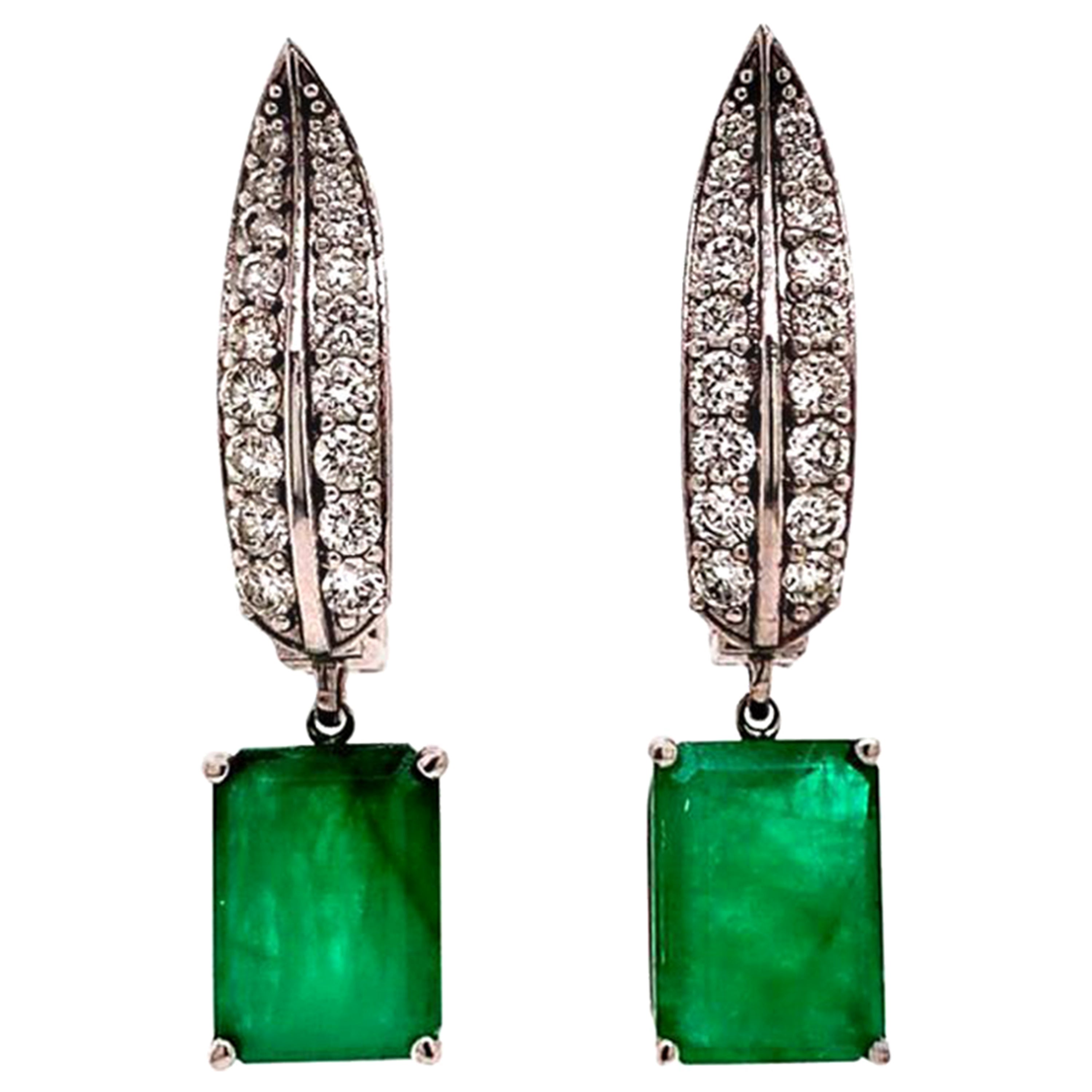 Diamond Emerald Earrings 4.74 TCW 14 Karat White Gold Certified For Sale