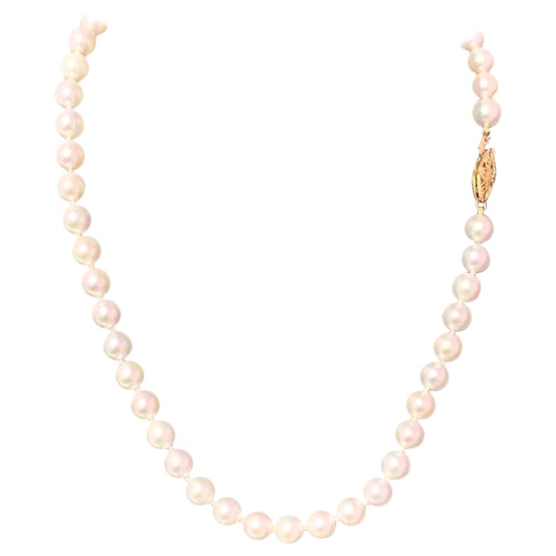 Akoya Pearl Necklace 14 Karat Yellow Gold 7.5 mm Certified For Sale